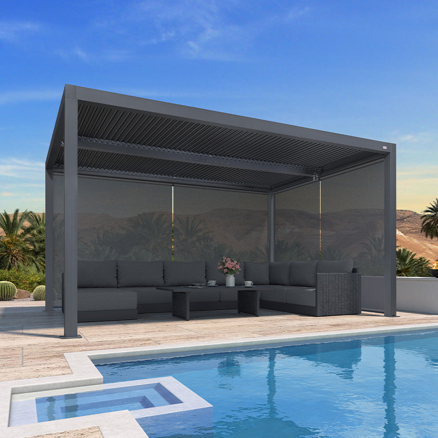 PURPLE LEAF Athena Louvered Pergola Grey Outdoor Aluminum Pergola with Solid Color Roller Blind Adjustable Gazebo for Patio Deck Garden