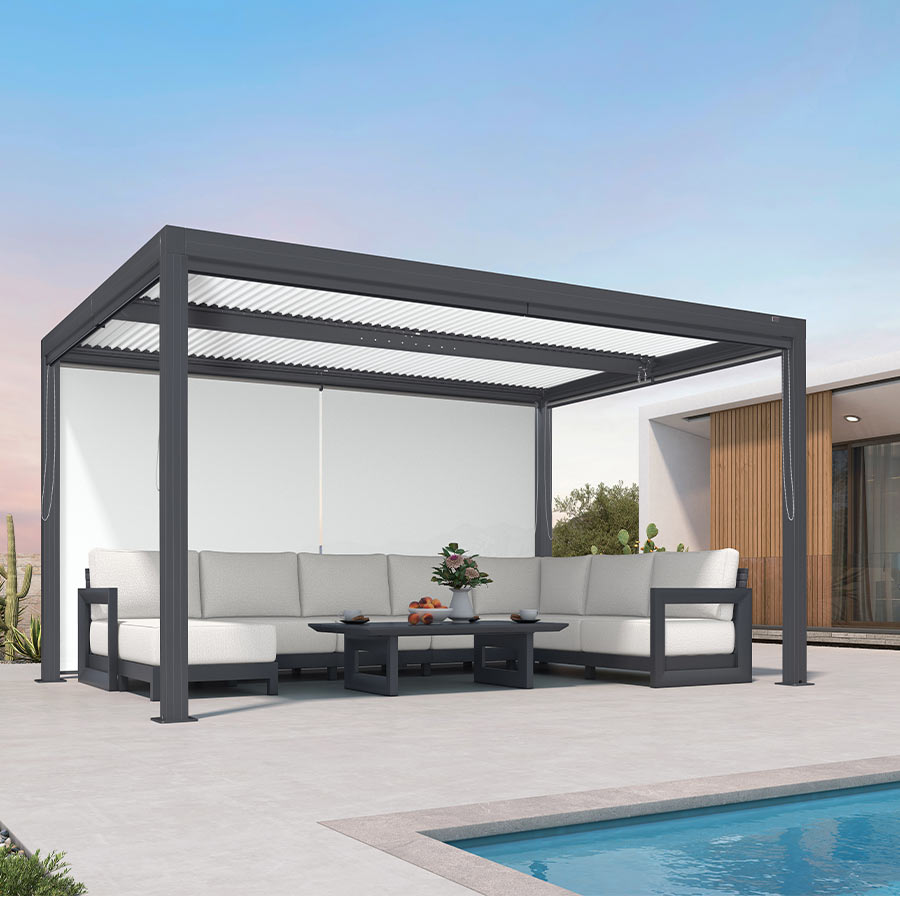 PURPLELEAF – Stores enrouleurs extérieurs unis blancs avec structure grise pour pergolas à lames orientables, isolation thermique, tissu UV et imperméable