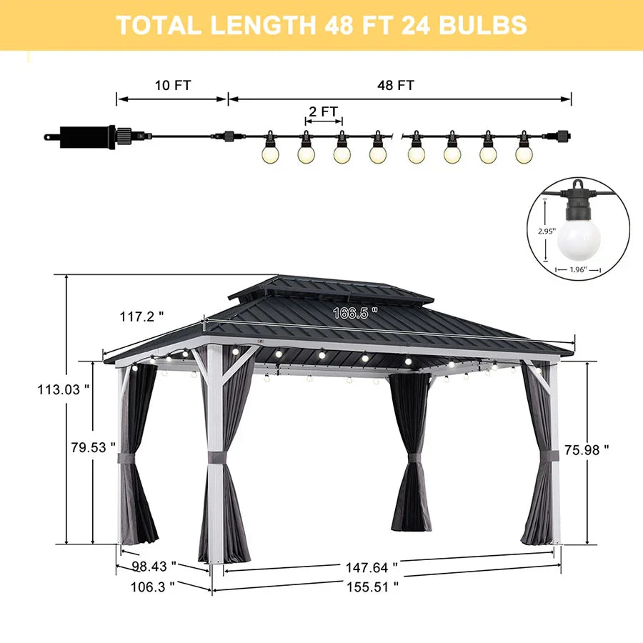 PURPLE LEAF Modern Gazebo Grey Hardtop Galvanized Steel Double Roof White Aluminum Poles with Curtains and Netting with Lights-milky