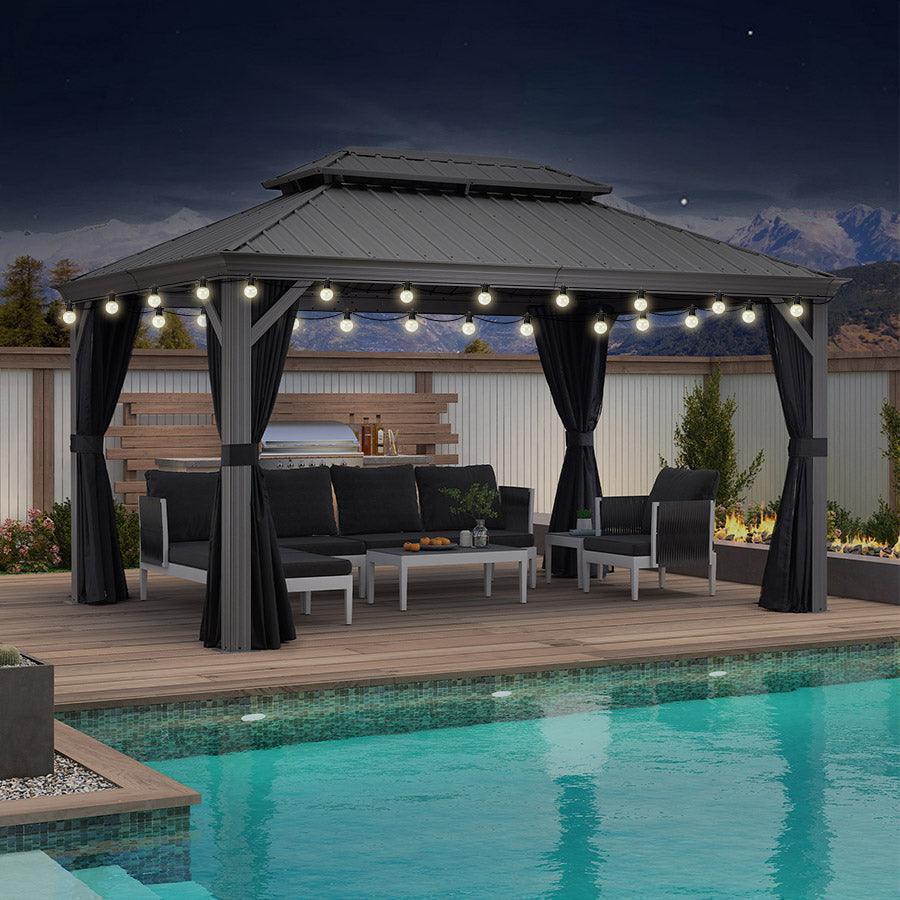PURPLE LEAF Patio Gazebo for Pool Light Grey Hardtop Galvanized Steel Roof with String Lights-milky