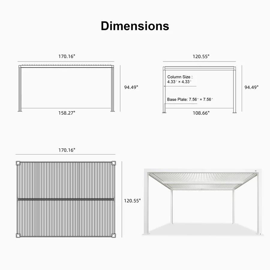 PURPLE LEAF Athena Louvered Pergola White Outdoor Aluminum Pergola with Solid Color Roller Blind Adjustable Gazebo for Patio Deck Garden
