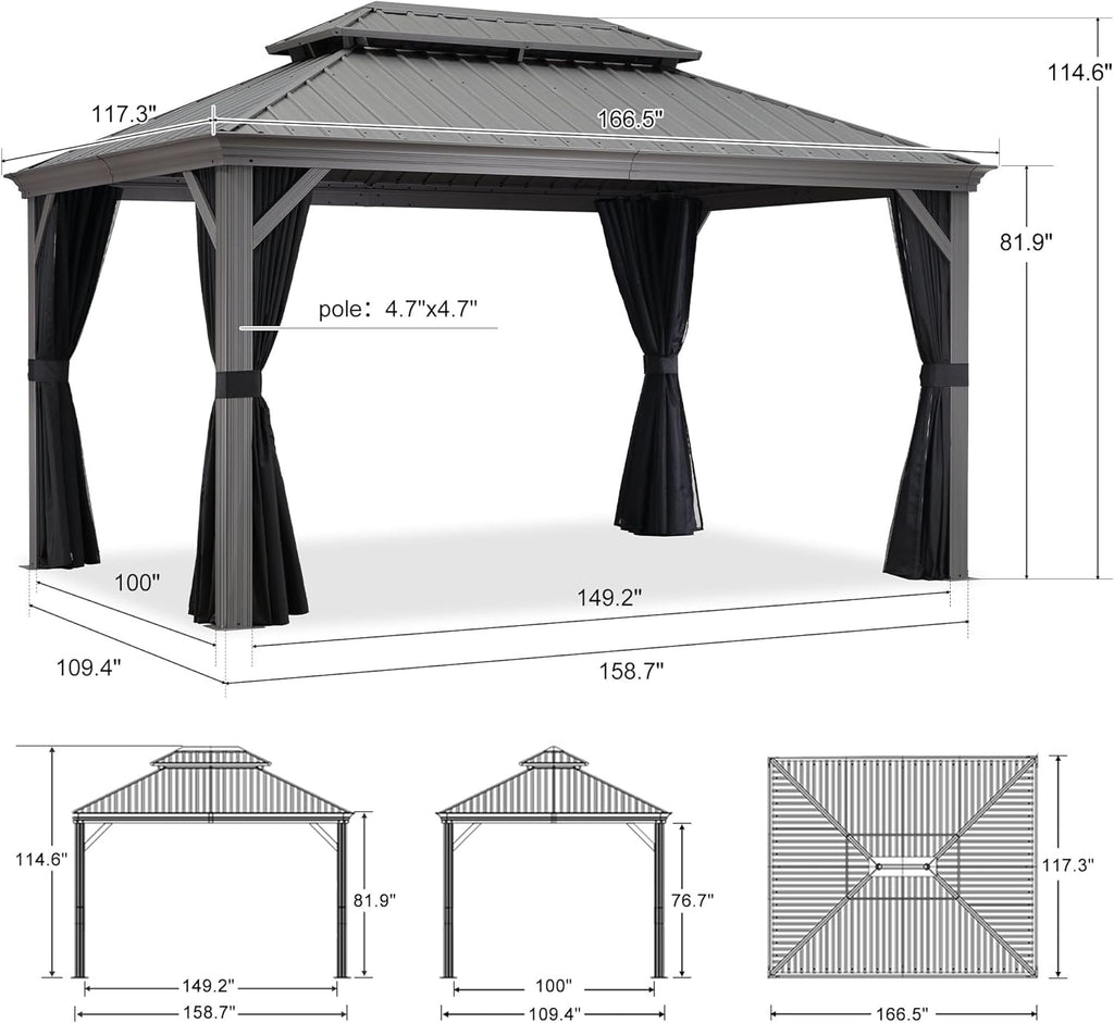 PURPLE LEAF Patio Gazebo for Pool Light Grey Hardtop Galvanized Steel Roof with Reinforcement Support Rod