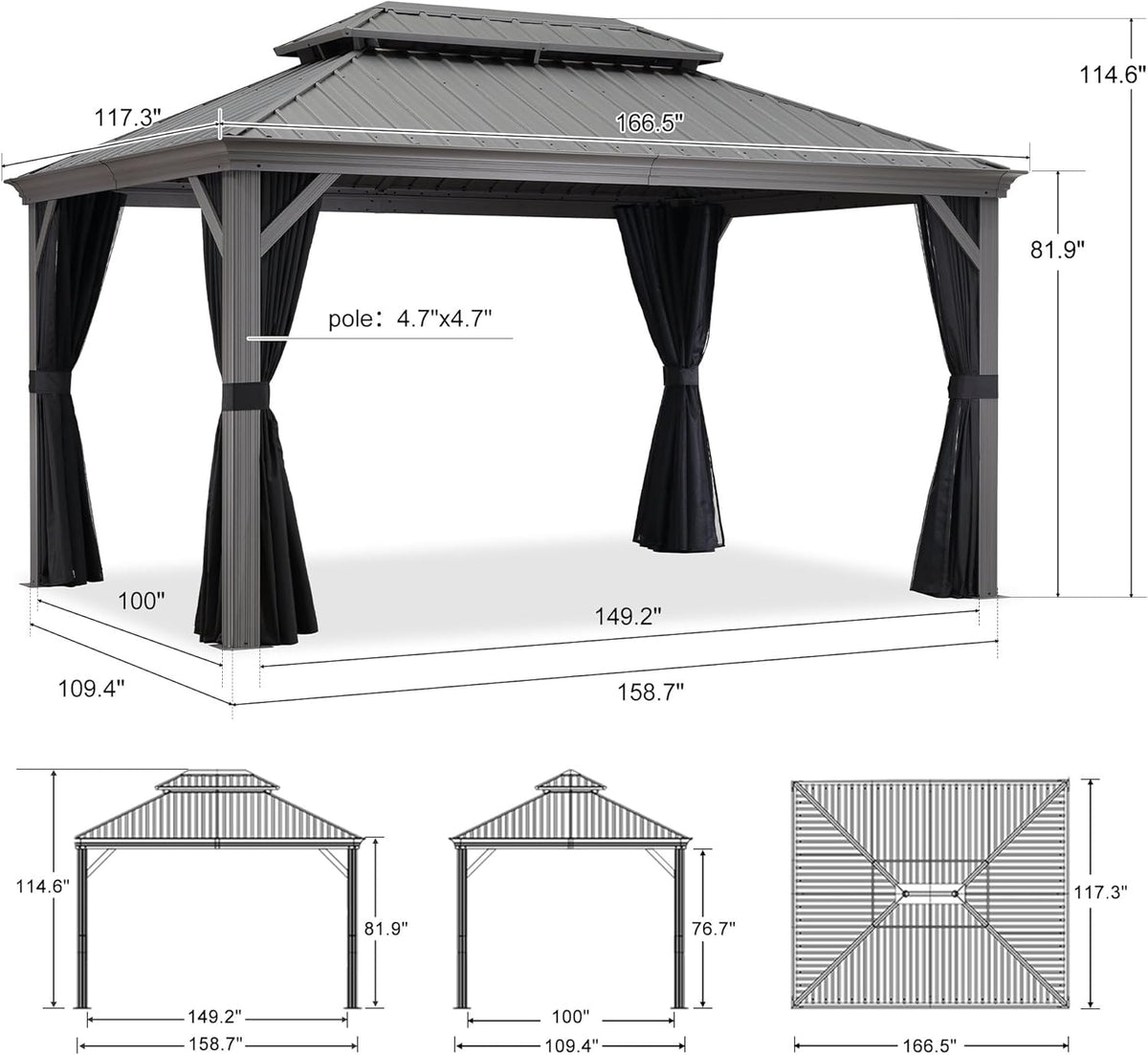 PURPLE LEAF Patio Gazebo for Pool Light Grey Hardtop Galvanized Steel Roof with Reinforcement Support Rod