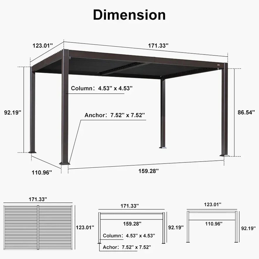 PURPLE LEAF Caesar Solar Louvered Pergola with LED Strip Lights and Control Panel Aluminum Outdoor Pergola with Adjustable Roof for Patio Deck Garden Yard Bronze
