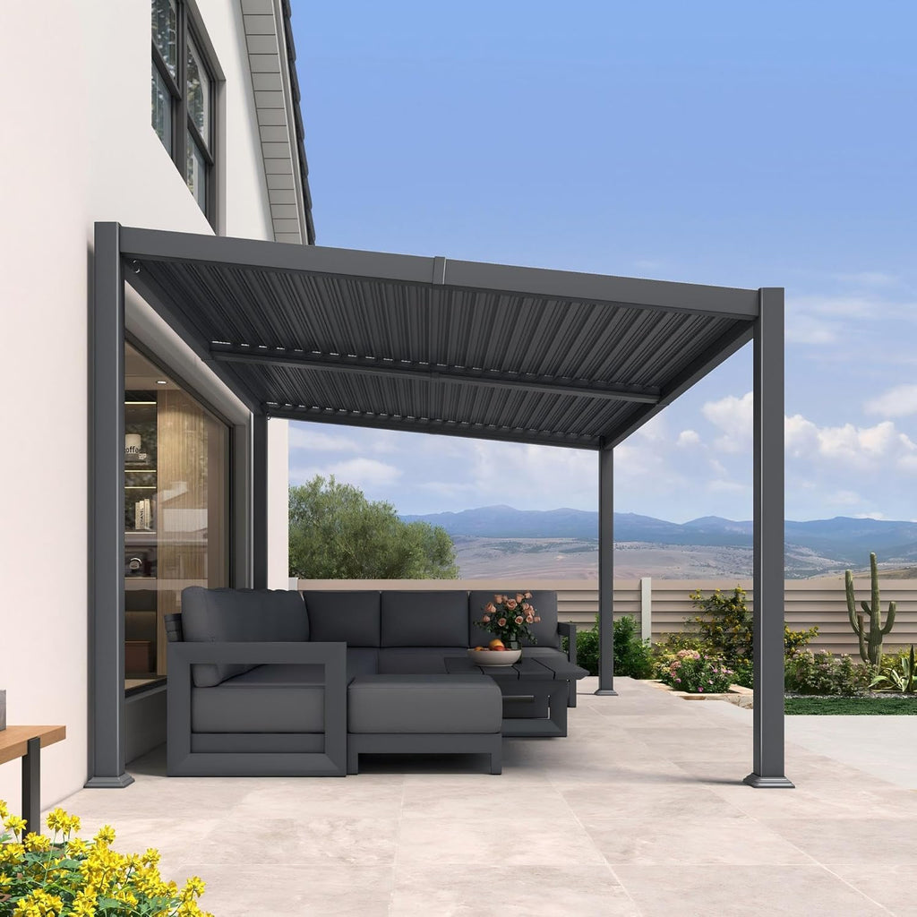 PURPLE LEAF Caesar Hardtop Louvered Pergola with LED String Lights, Slanted Roof Outdoor Aluminum Pergola with Adjustable Rainproof Louvers,Freestanding Patio Gazebo for Backyard Deck, Gray