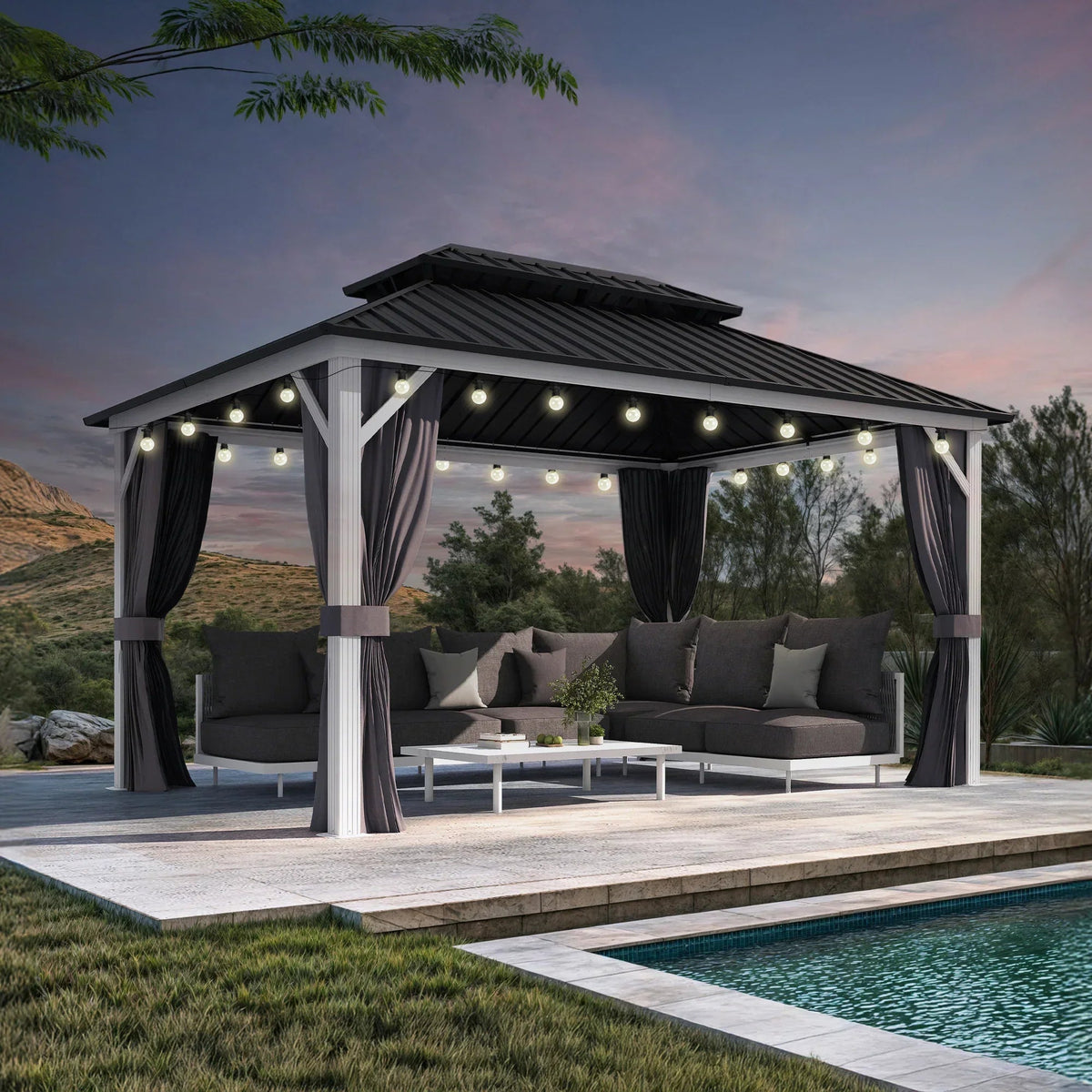 PURPLE LEAF Modern Gazebo Grey Hardtop Galvanized Steel Double Roof White Aluminum Poles with Curtains and Netting with Lights-clear