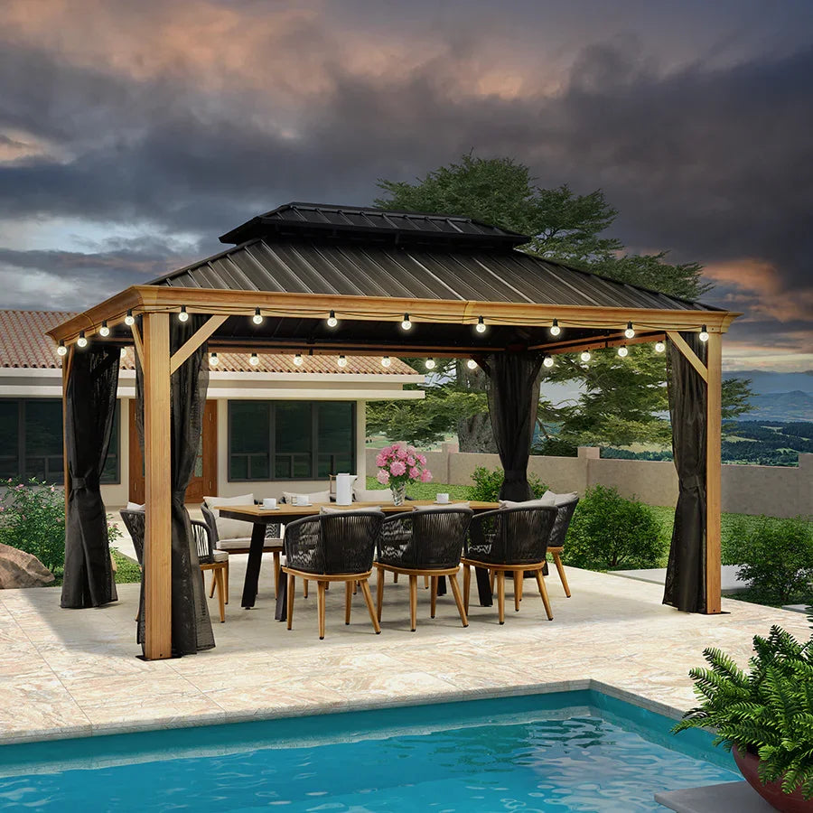 PURPLE LEAF – Pavillon à toit rigide pour terrasse, structure en aluminium effet bois avec guirlande lumineuse – clear