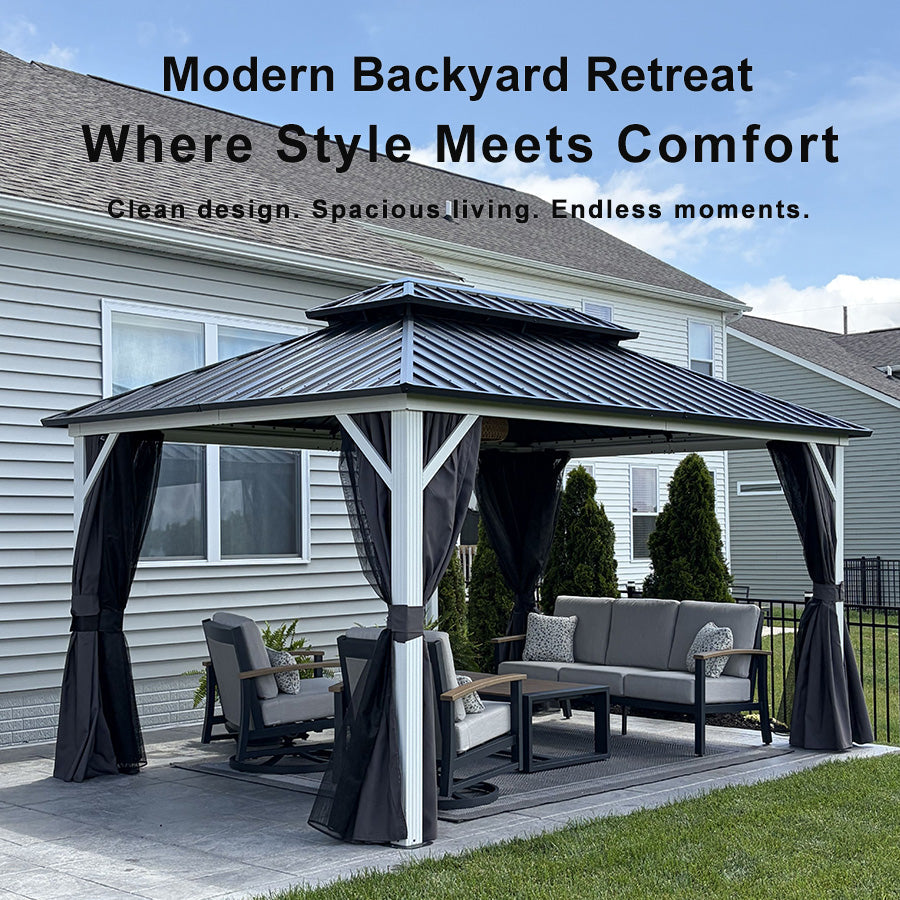 PURPLE LEAF Modern Gazebo Grey Hardtop Galvanized Steel Double Roof White Aluminum Poles with Curtains and Netting with Lights-clear