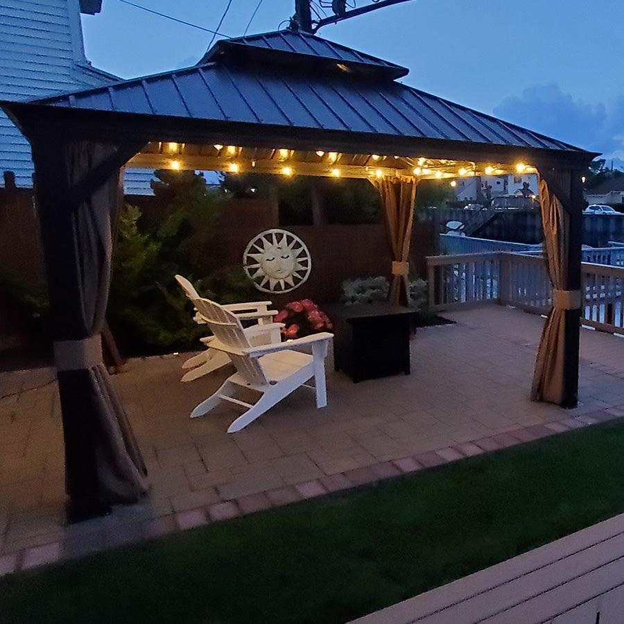 PURPLE LEAF Outdoor Hardtop Gazebo for Garden Bronze Double Roof Aluminum Frame Pavilion with String Lights-clear