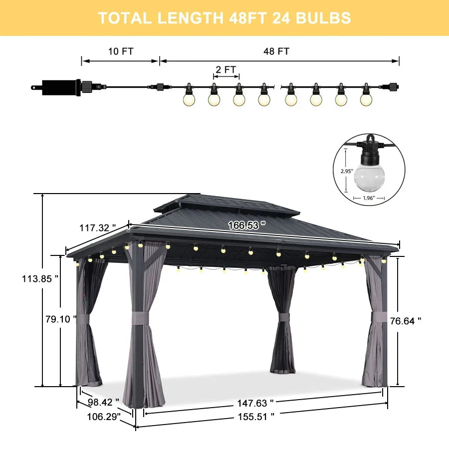 PURPLE LEAF Grey Hardtop Gazebo with Heavy Duty Galvanized Steel Double Roof with String Lights-milky