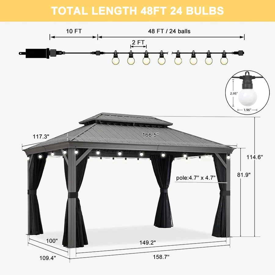 PURPLE LEAF Patio Gazebo for Pool Light Grey Hardtop Galvanized Steel Roof with String Lights-milky