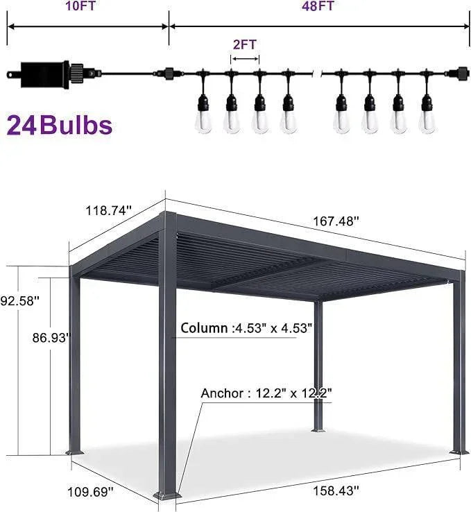 PURPLE LEAF Caesar Louvered Pergola with Milky String Lights Patio Aluminum Pergola with Independent Adjustable Rainproof Roof Hardtop Pergola for Outdoor Deck Garden Yard