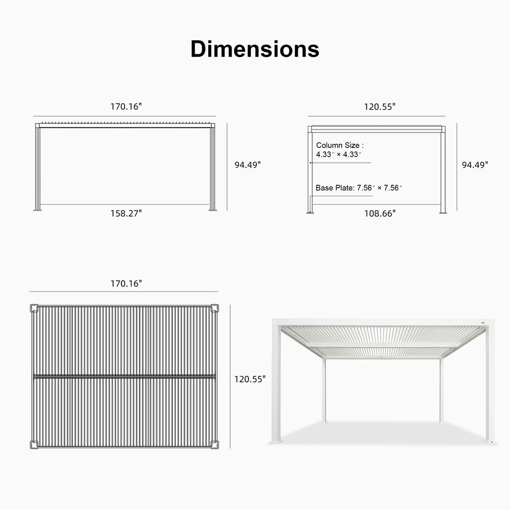 PURPLE LEAF Athena Louvered Pergola White Outdoor Aluminum Pergola with Roller Blind Adjustable Gazebo for Patio Deck Garden