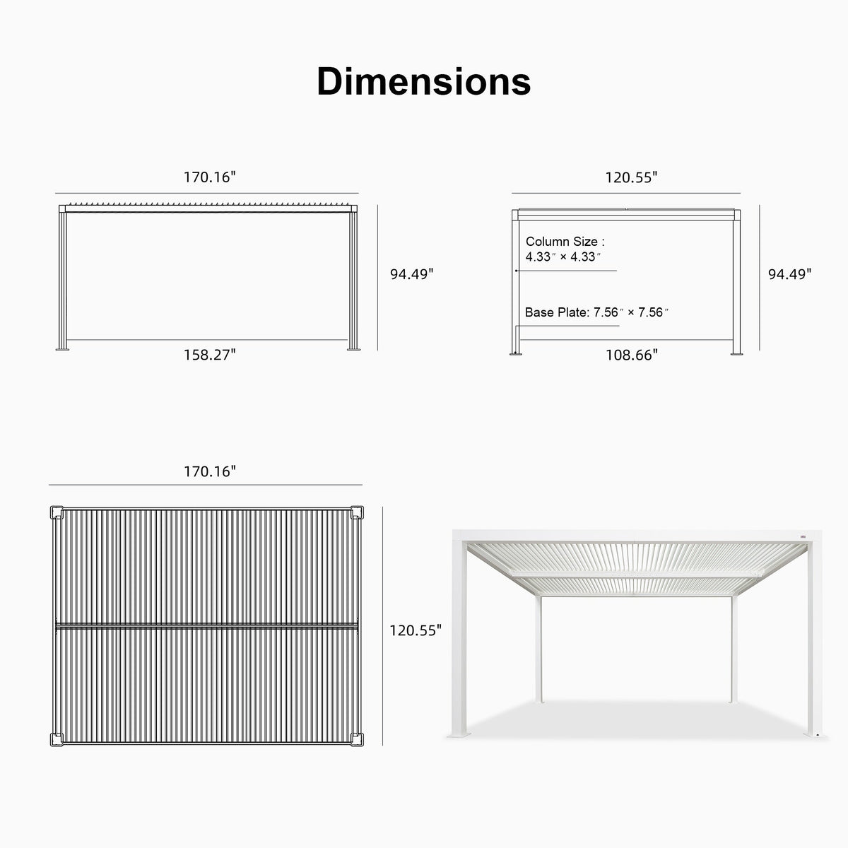 PURPLE LEAF Athena Louvered Pergola White Outdoor Aluminum Pergola with Roller Blind Adjustable Gazebo for Patio Deck Garden