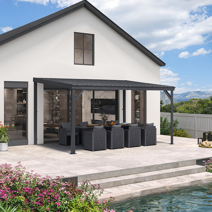 PURPLE LEAF Lean to Gazebo Metal Roof Patio Cover Built-in Drain Slots Wall Mounted Gazebo for Outdoor Extension