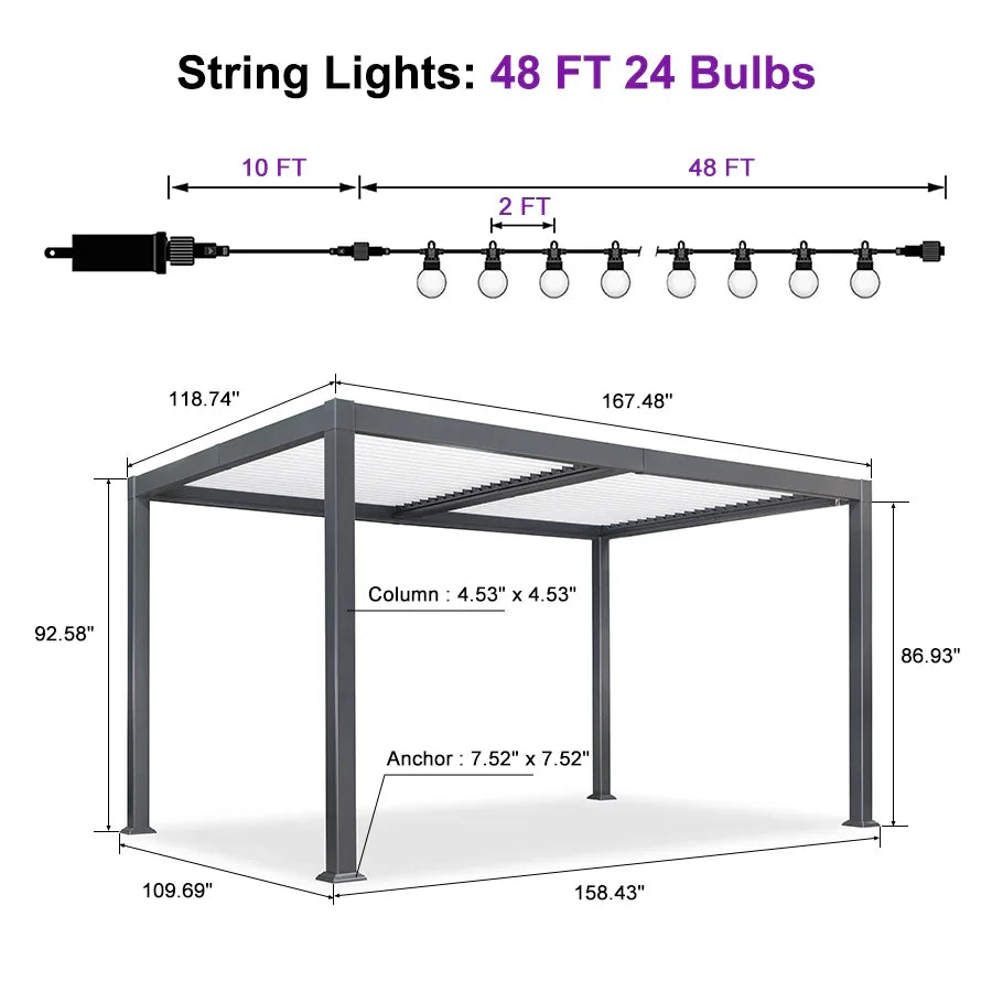 PURPLE LEAF Caesar Louvered Pergola with Milky String Lights Patio Aluminum Pergola with Independent Adjustable Rainproof Roof With Milky Lights