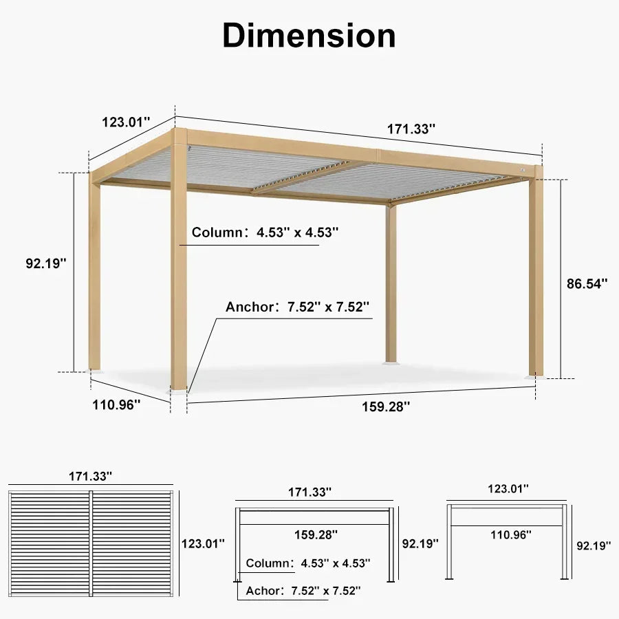 PURPLE LEAF Caesar Louvered Pergola Outdoor Wood Grain Aluminum Pergola with Adjustable Roof Patio Hardtop Gazebo for Backyard Garden