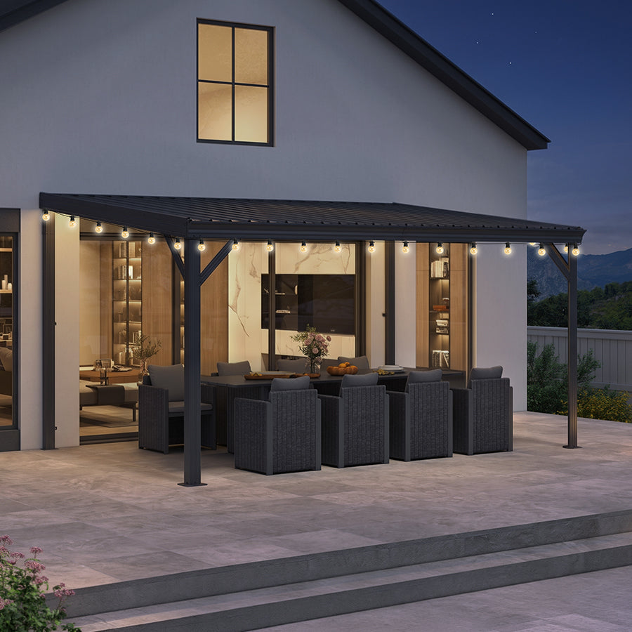 PURPLE LEAF Lean to Gazebo Metal Roof Patio Cover Built-in Drain Slots Wall Mounted Gazebo with Lights-clear for Outdoor Extension