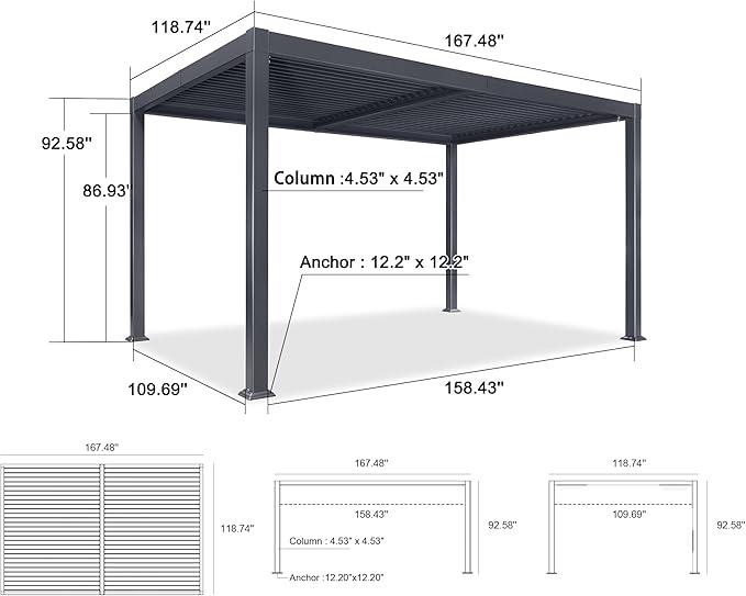 PURPLE LEAF Caesar Outdoor Louvered Pergola Patio Sun Shade Shelter with Adjustable Hardtop Patio Pergola Gray Frame White Roof