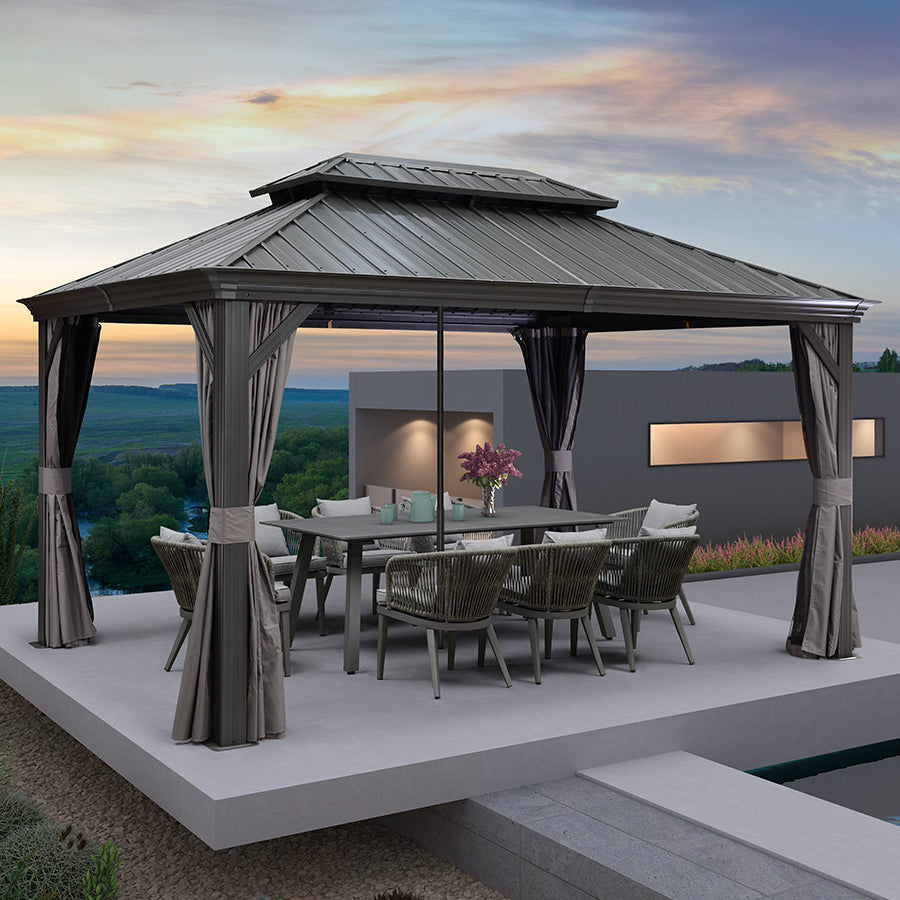 PURPLE LEAF Patio Gazebo for Backyard Grey Hardtop Galvanized Steel Roof Awning with Reinforcement Support Rod