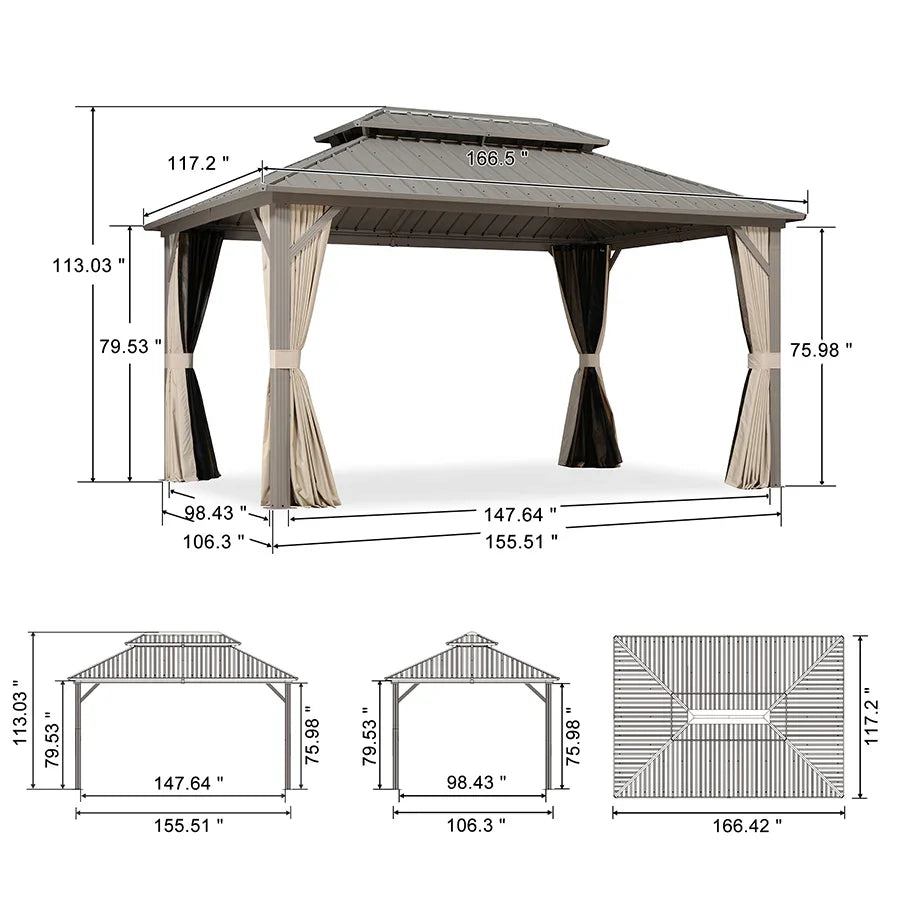 PURPLE LEAF Deck Gazebo Champagne Hardtop Metal Frame Double Roof with Curtains and Netting
