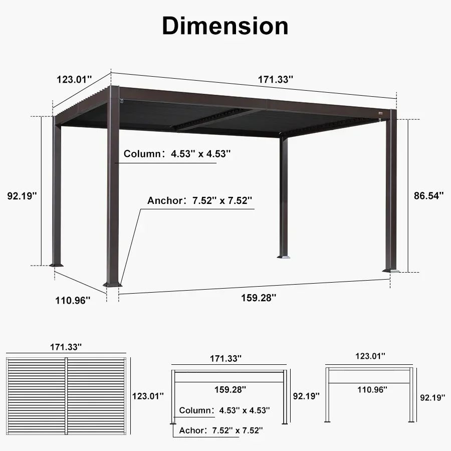 PURPLE LEAF Caesar Louvered Pergola Outdoor Adjustable Louvre Shade Modern Patio Aluminum Pergola with  Yellow Lights