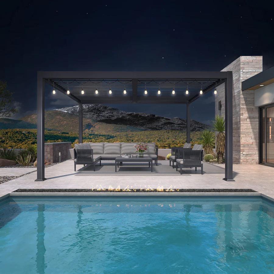 PURPLE LEAF Caesar Louvered Pergola with Yellow String Lights Patio Aluminum Pergola with Independent Adjustable Rainproof Roof Hardtop Pergola for Outdoor Deck Garden Yard