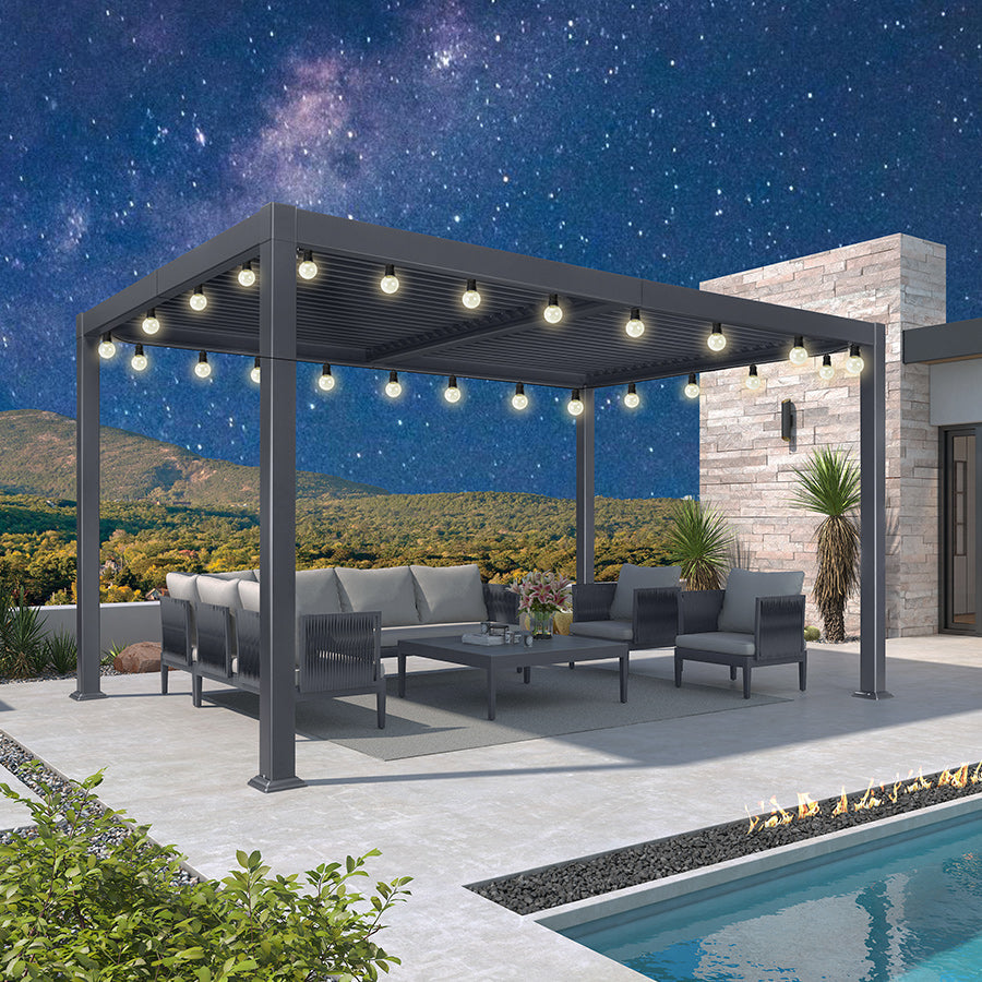 PURPLE LEAF Caesar Louvered Pergola with Yellow String Lights Patio Aluminum Pergola with Independent Adjustable Rainproof Roof Hardtop Pergola for Outdoor Deck Garden Yard