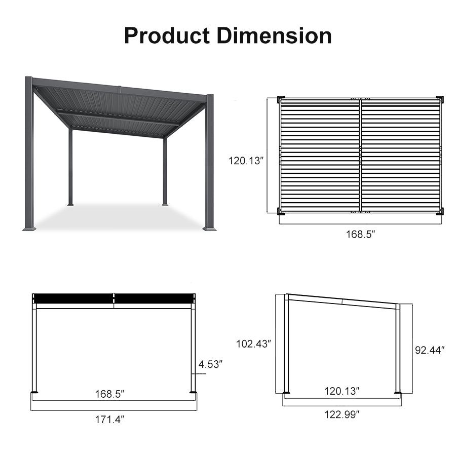 PURPLE LEAF Caesar Hardtop Louvered Pergola, Slanted Roof Outdoor Aluminum Patio Pergola with Adjustable Rainproof Roof, Heavy-Duty Lean to Gazebo for Patios Backyard Deck, Gray