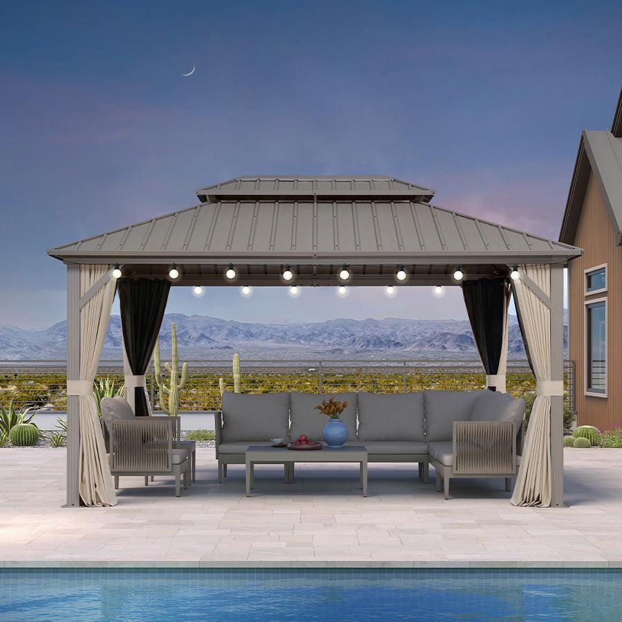 PURPLE LEAF Deck Gazebo Champagne Hardtop Metal Frame Double Roof with Curtains and Netting with Lights-milky