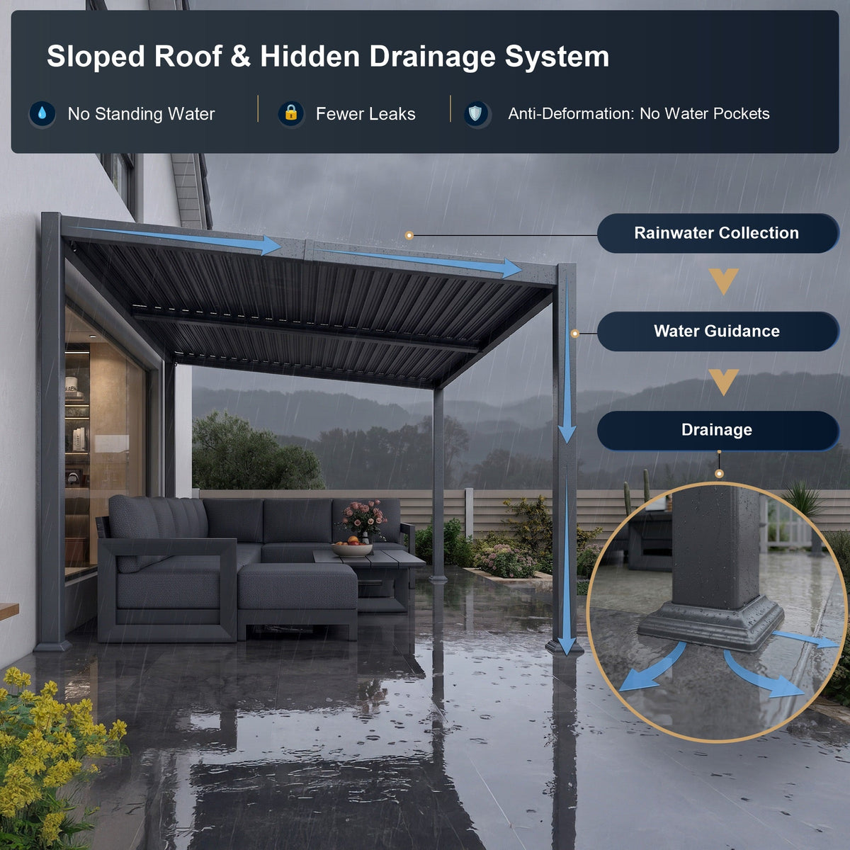 PURPLE LEAF Caesar Hardtop Louvered Pergola with LED String Lights, Slanted Roof Outdoor Aluminum Pergola with Adjustable Rainproof Louvers,Freestanding Patio Gazebo for Backyard Deck, Gray