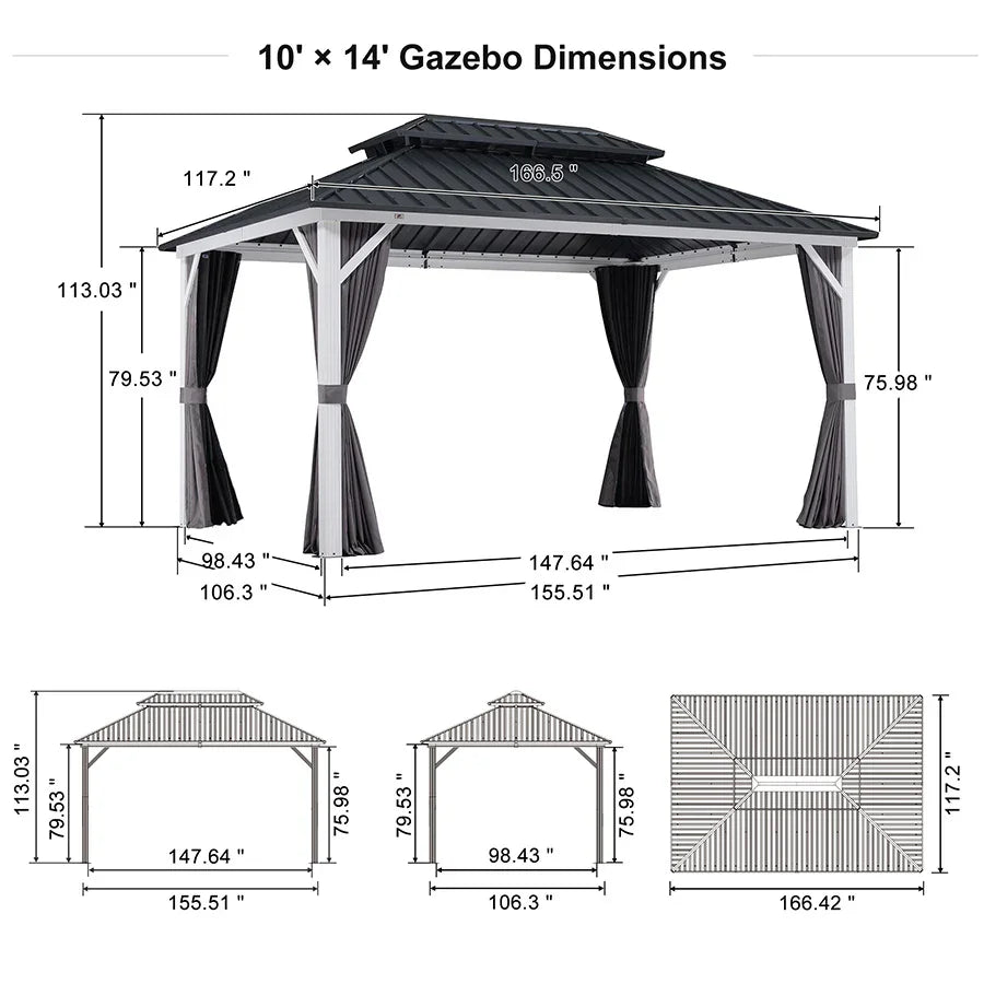 PURPLE LEAF Modern Gazebo Grey Hardtop Galvanized Steel Double Roof White Aluminum Poles with Curtains and Netting