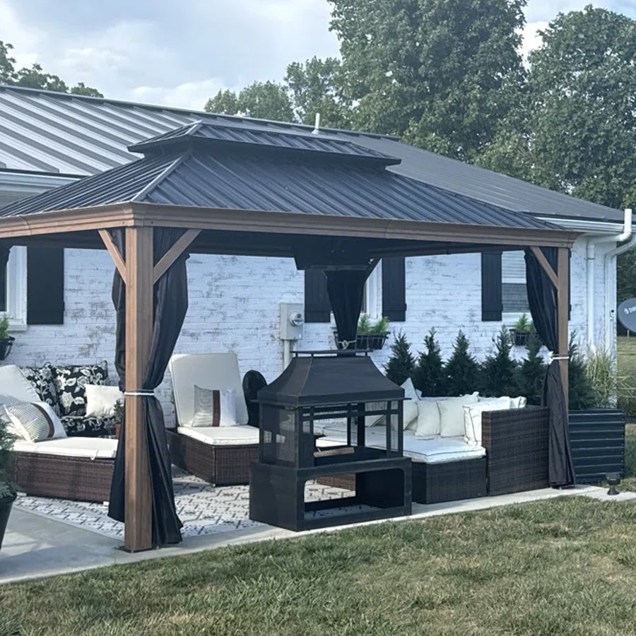 PURPLE LEAF Hardtop Gazebo for Patio Wood Grain Aluminum Frame Awning with Netting