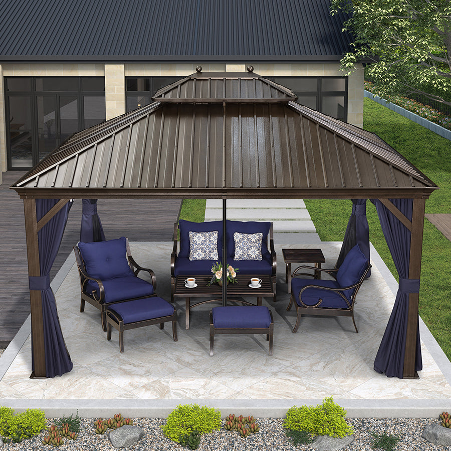 PURPLE LEAF Outdoor Hardtop Gazebo for Patio Bronze Aluminum Frame Pavilion with Navy-Blue Curtain and Reinforced Support Rods