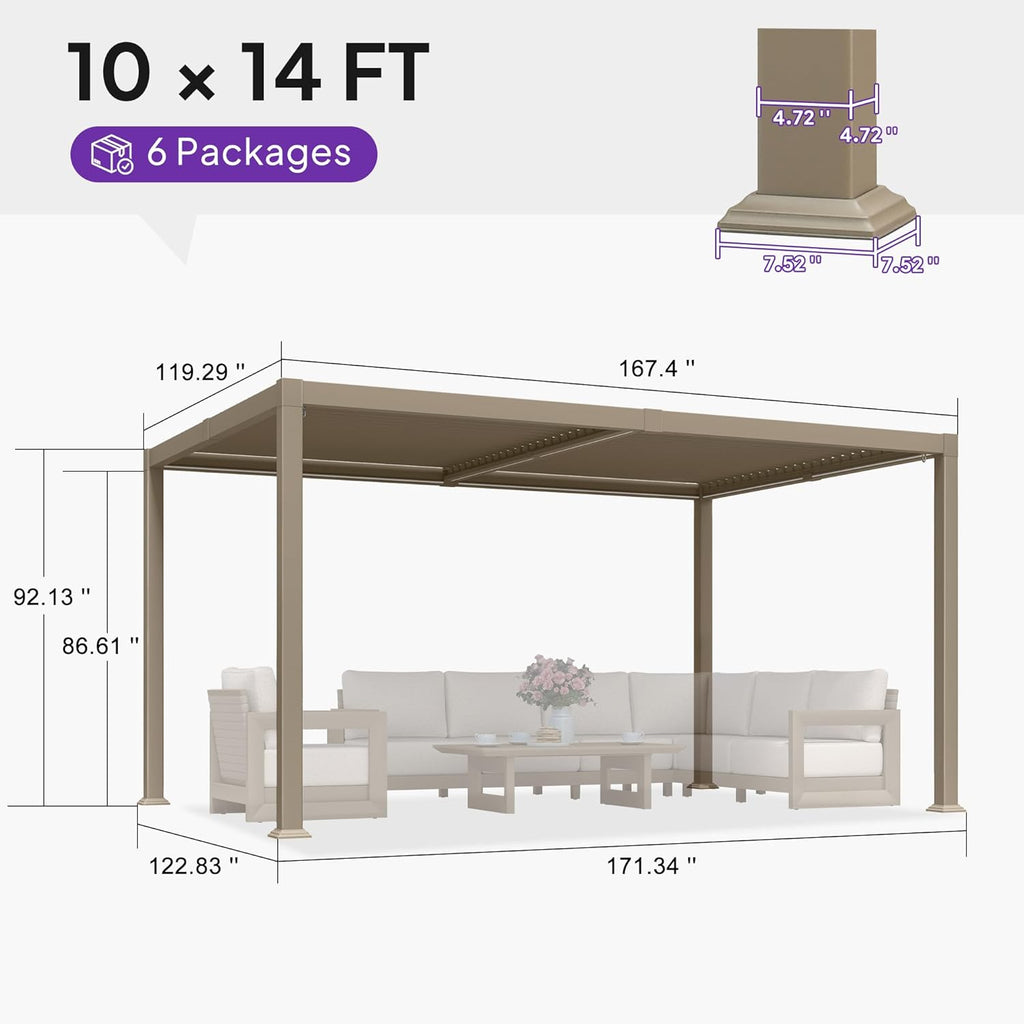 PURPLE LEAF Caesar Solar Louvered Pergola with LED Strip Lights and Control Panel Aluminum Outdoor Pergola with Adjustable Roof for Patio Deck Garden Yard Champagne
