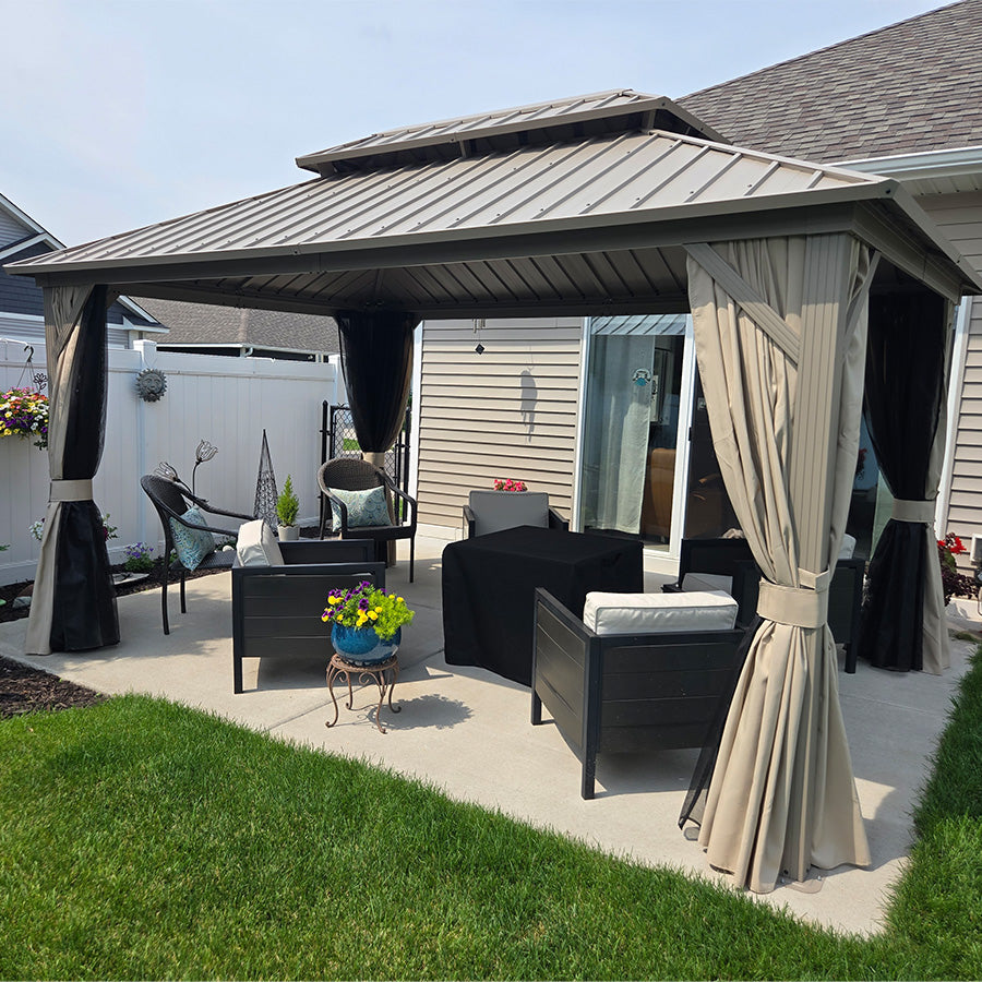 PURPLE LEAF Deck Gazebo Champagne Hardtop Metal Frame Double Roof with Curtains and Netting with Lights-milky