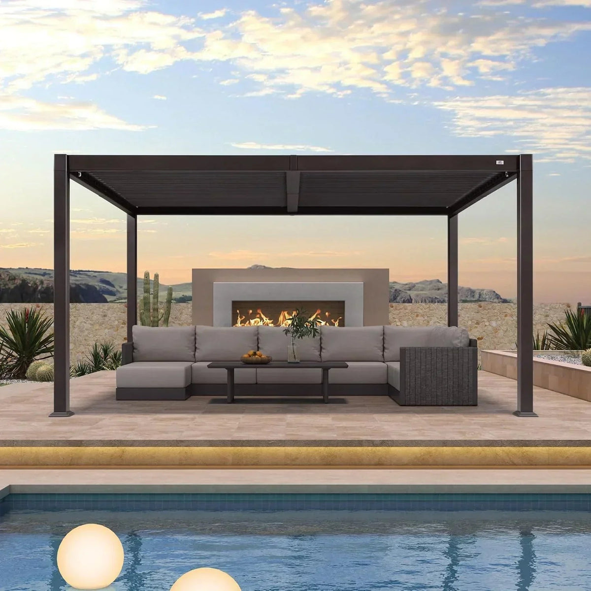 PURPLE LEAF Caesar Louvered Pergola Outdoor Adjustable Louvre Shade Modern Patio Aluminum Pergola with  Yellow Lights