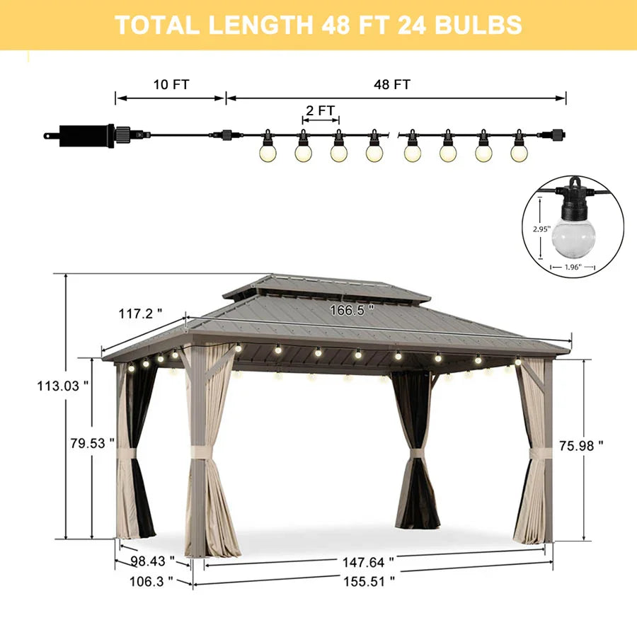 PURPLE LEAF Deck Gazebo Champagne Hardtop Metal Frame Double Roof with Curtains and Netting with Lights-clear