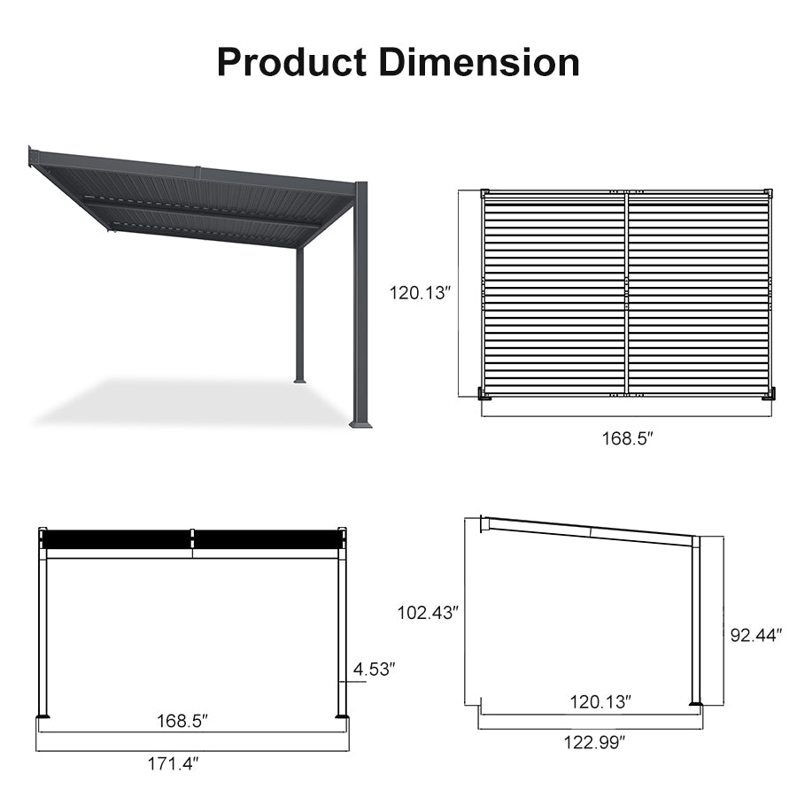 PURPLE LEAF Caesar Wall Mounted Louvered Pergola with LED String Lights, All-Aluminum Patio Cover with Adjustable Roof, Hidden Gutter Drainage, Lean-to Pergola for Deck, Backyard, Porch, Dark Gray