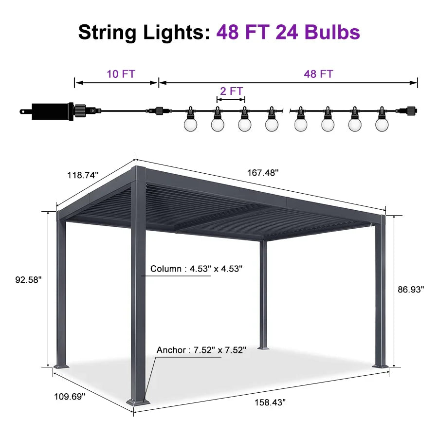 PURPLE LEAF Caesar Louvered Pergola with Milky String Lights Patio Aluminum Pergola with Independent Adjustable Rainproof Roof Hardtop Pergola for Outdoor Deck Garden Yard
