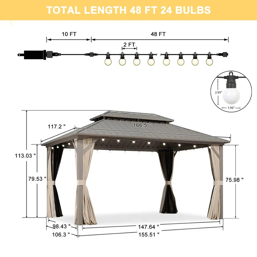 PURPLE LEAF Deck Gazebo Champagne Hardtop Metal Frame Double Roof with Curtains and Netting with Lights-milky