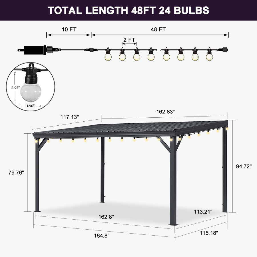 PURPLE LEAF Lean to Gazebo Metal Roof Patio Cover Built-in Drain Slots Wall Mounted Gazebo with Lights-clear for Outdoor Extension