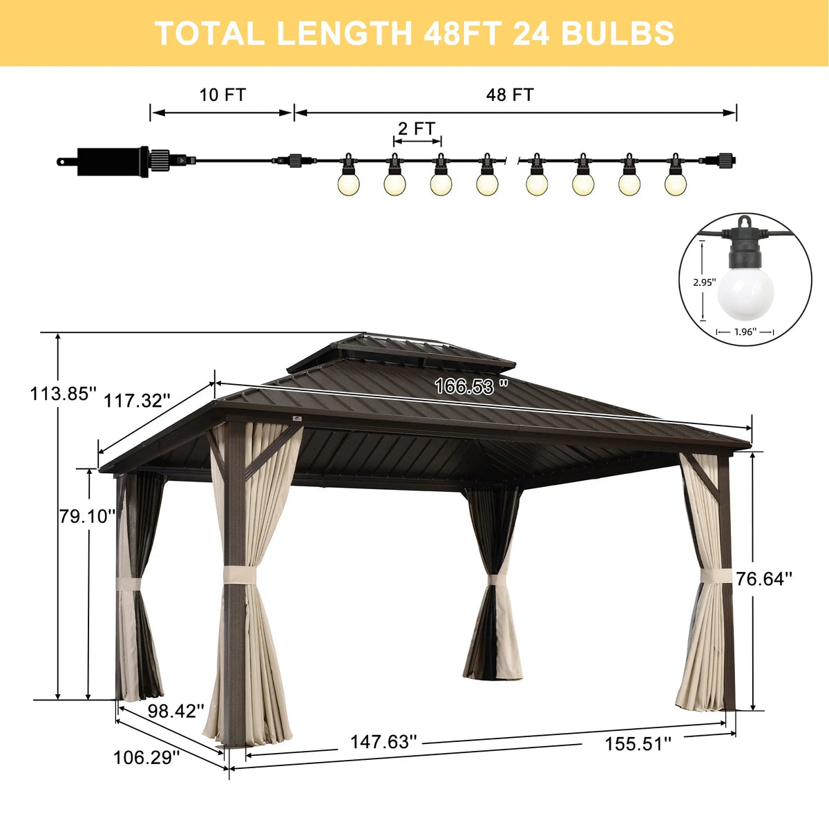 PURPLE LEAF Hardtop Gazebo Featuring Galvanized Steel Double Roof and Bronze Aluminum Frame with Curtains and Netting for Backyard with Lights-milky