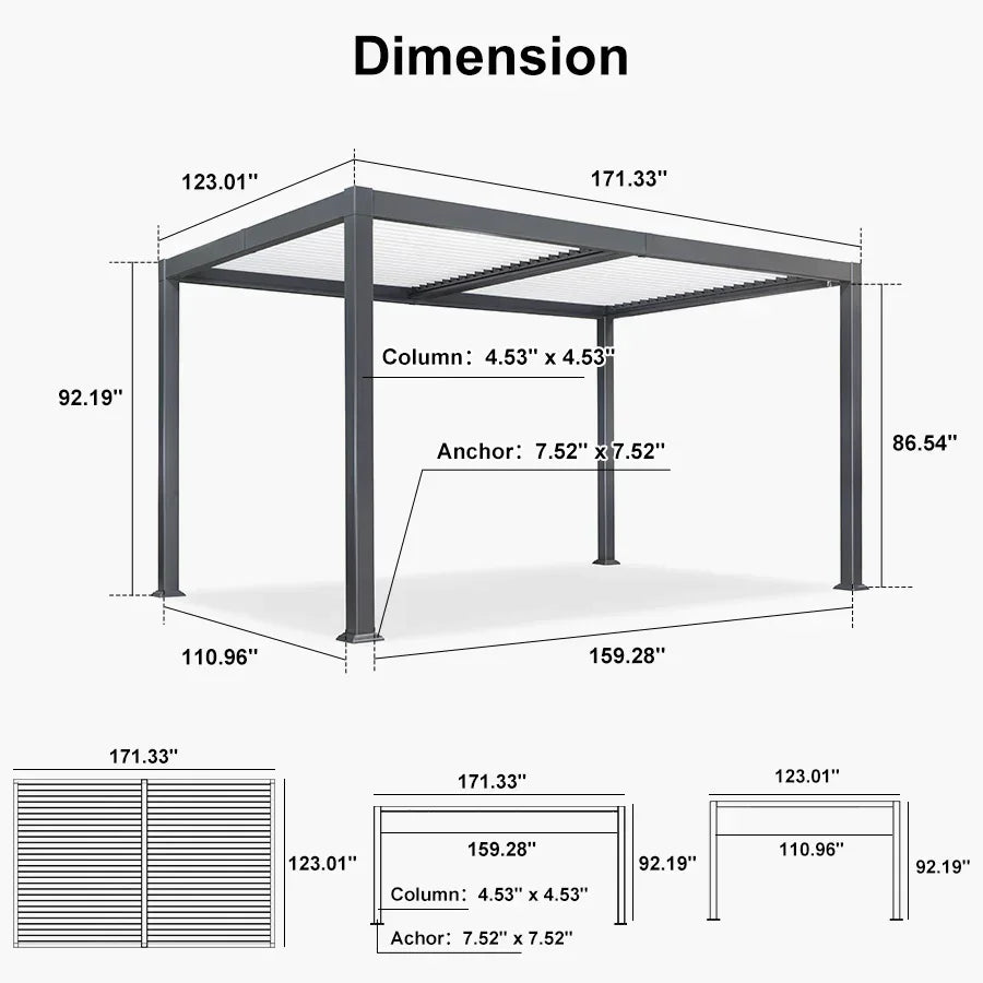 PURPLE LEAF Caesar Outdoor Louvered Pergola Patio Sun Shade Shelter with Adjustable Hardtop Patio Pergola Gray Frame White Roof