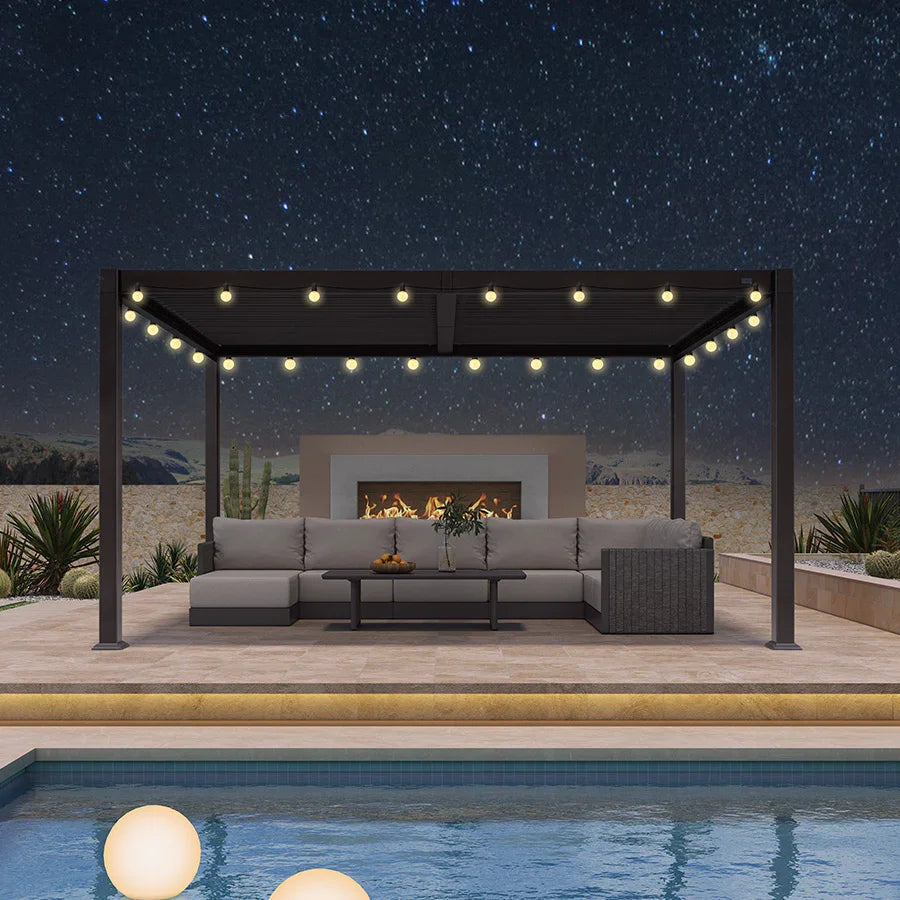 PURPLE LEAF Caesar Louvered Pergola Outdoor Adjustable Louvre Shade Modern Patio Aluminum Pergola with  Yellow Lights