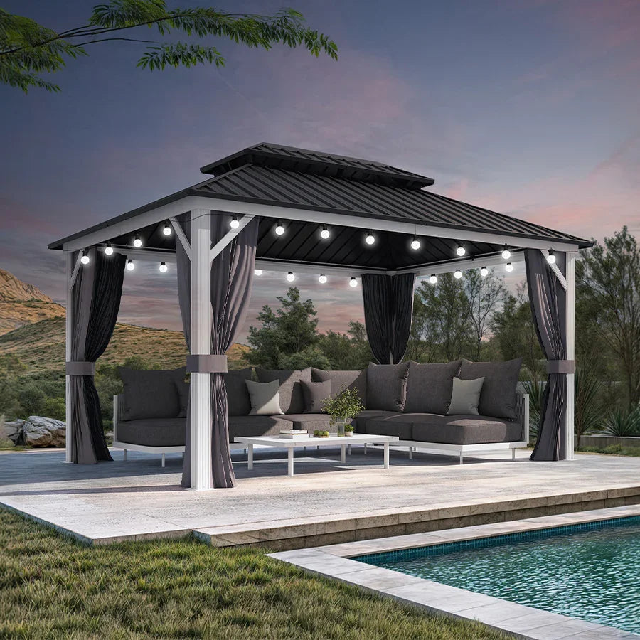 PURPLE LEAF Modern Gazebo Grey Hardtop Galvanized Steel Double Roof White Aluminum Poles with Curtains and Netting with Lights-milky