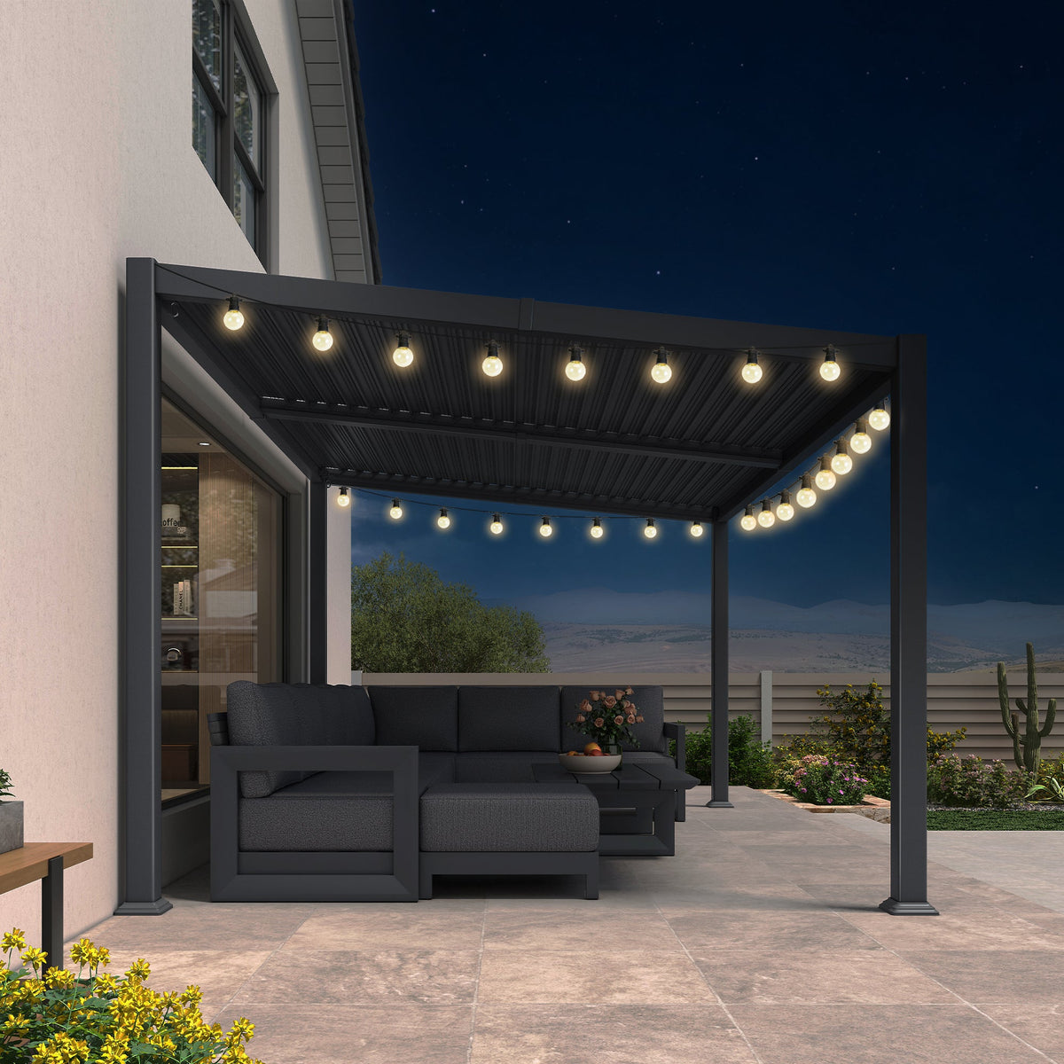 PURPLE LEAF Caesar Hardtop Louvered Pergola with LED String Lights, Slanted Roof Outdoor Aluminum Pergola with Adjustable Rainproof Louvers,Freestanding Patio Gazebo for Backyard Deck, Gray