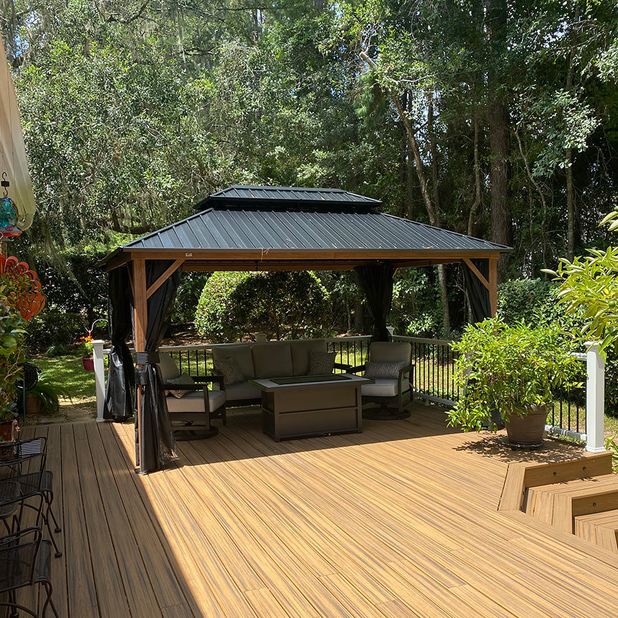 PURPLE LEAF Metal Gazebo Double Roof Wood Grain Aluminum Frame with Curtains and Netting with Lights-clear
