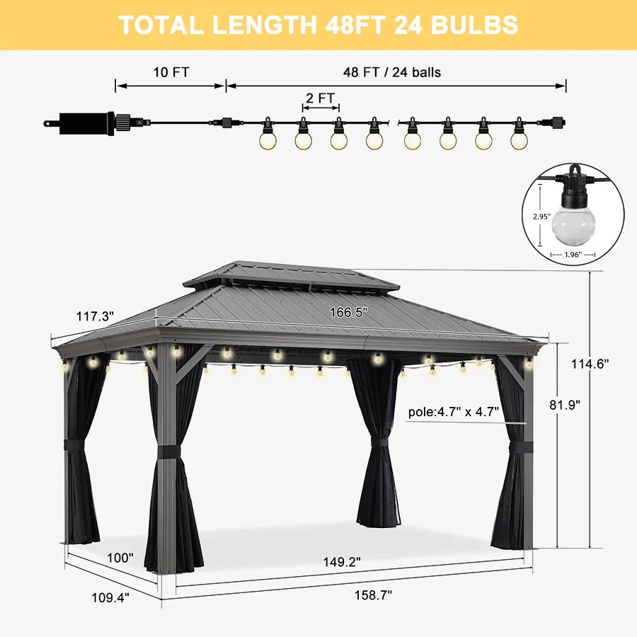 PURPLE LEAF Patio Gazebo for Pool Light Grey Hardtop Galvanized Steel Roof with String Lights-clear