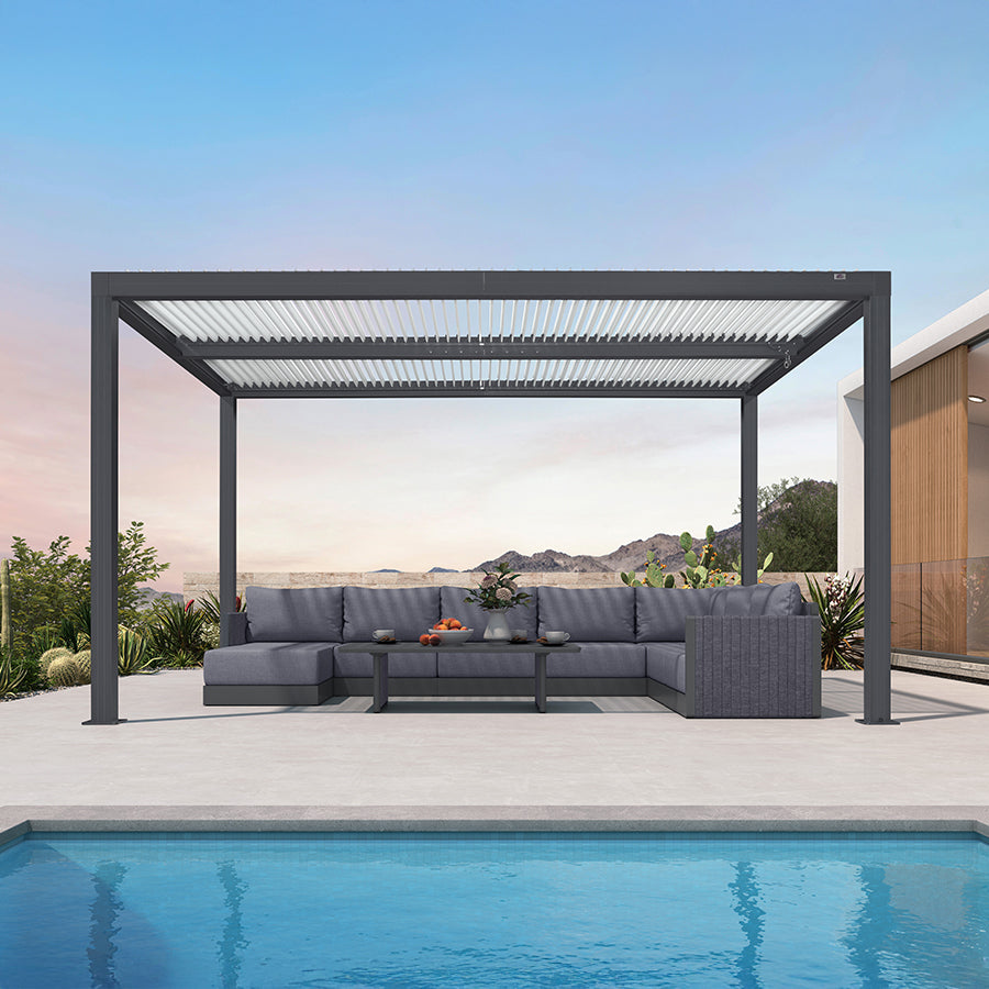 PURPLE LEAF Athena Louvered Pergola Modern Grey Pergola White Roof with Sanori Patio Couch Set Modular Sofas for Deck Backyard Garden